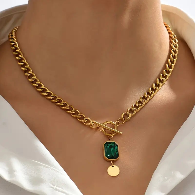 Chunky ketting smaragd hanger halsketting | Goud