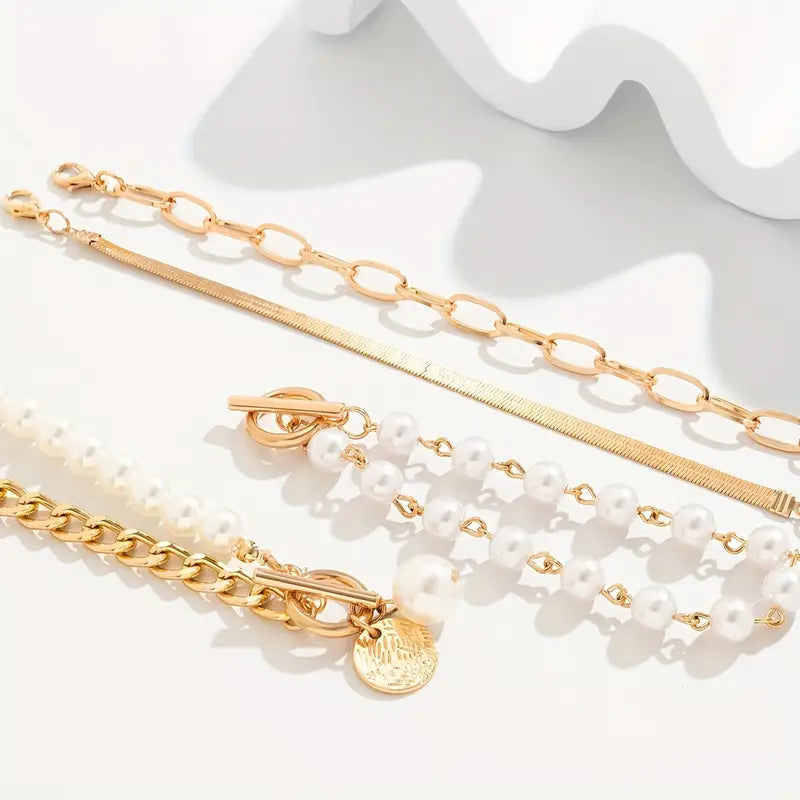Chic Gouden 4-delig Armbandsysteem - Slang, Parels & Links | Goud