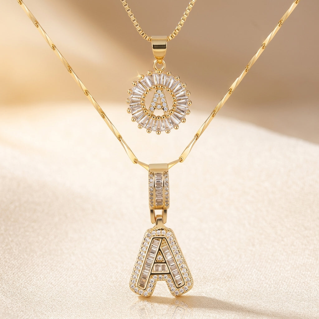 Pave letter initiaal halsketting set | Witgoud