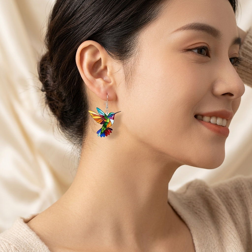 Kleurige Kolibri Oorbellen | Witgoud