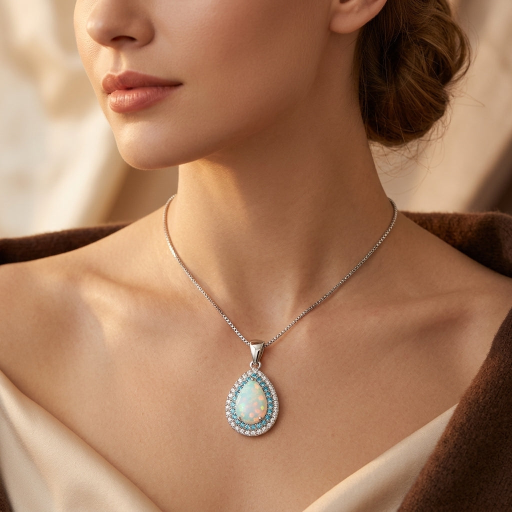 Elegante Blauwe Opal Druppel Fonkelende Halsketting | Witgoud