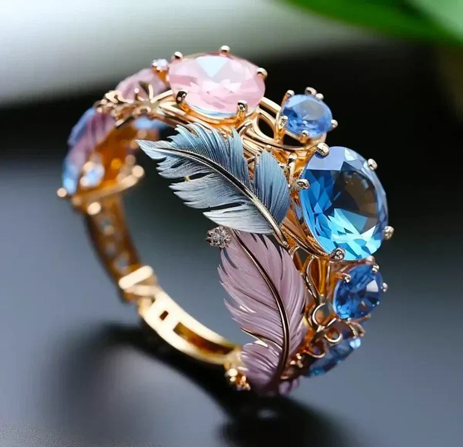 Antieke Exotische Veer Kristal Ring | Goud