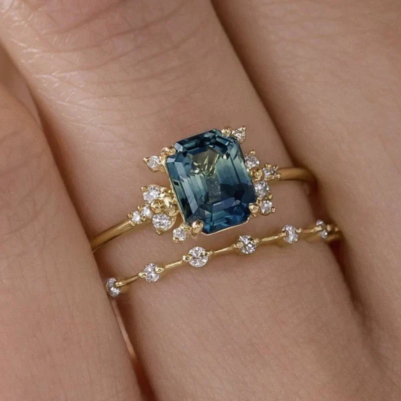 Krystal Blå Skinne Ring Set | Goud