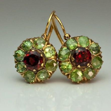 Vintage Rund Groene & Rode Kristallen Oorbellen | Goud