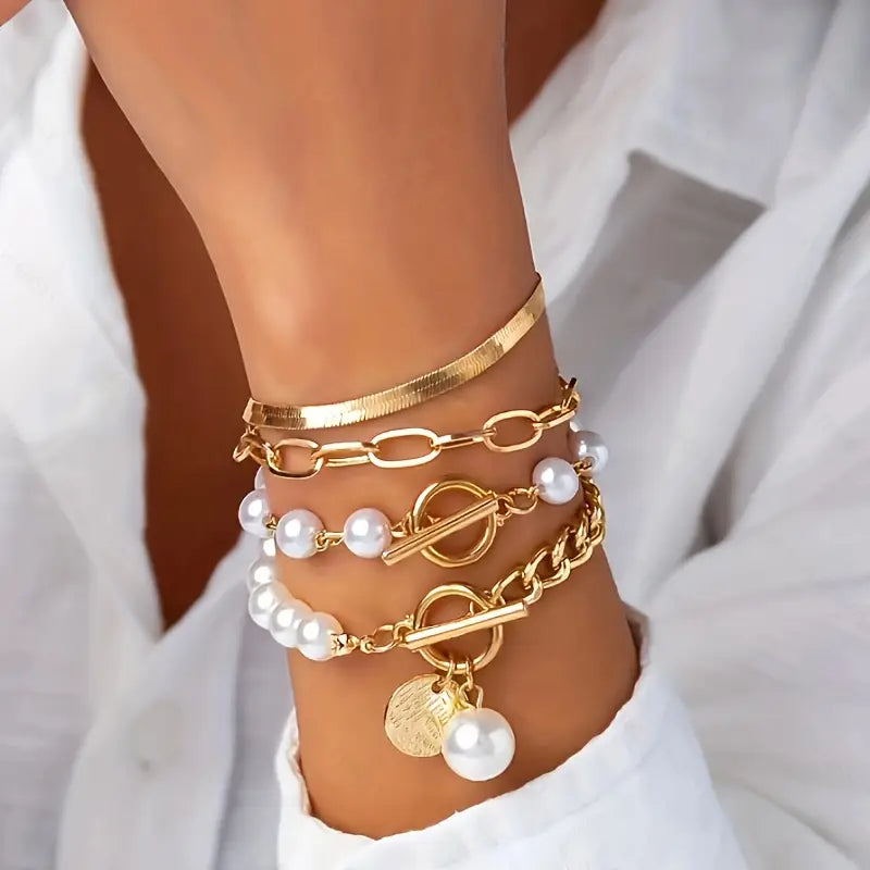 Chic Gouden 4-delig Armbandsysteem - Slang, Parels & Links | Goud