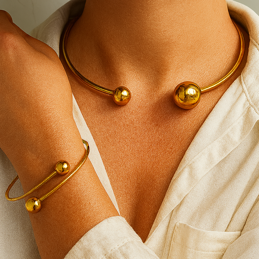Minimalistische Glans Kraag & Manchetten Armband Set | Goud