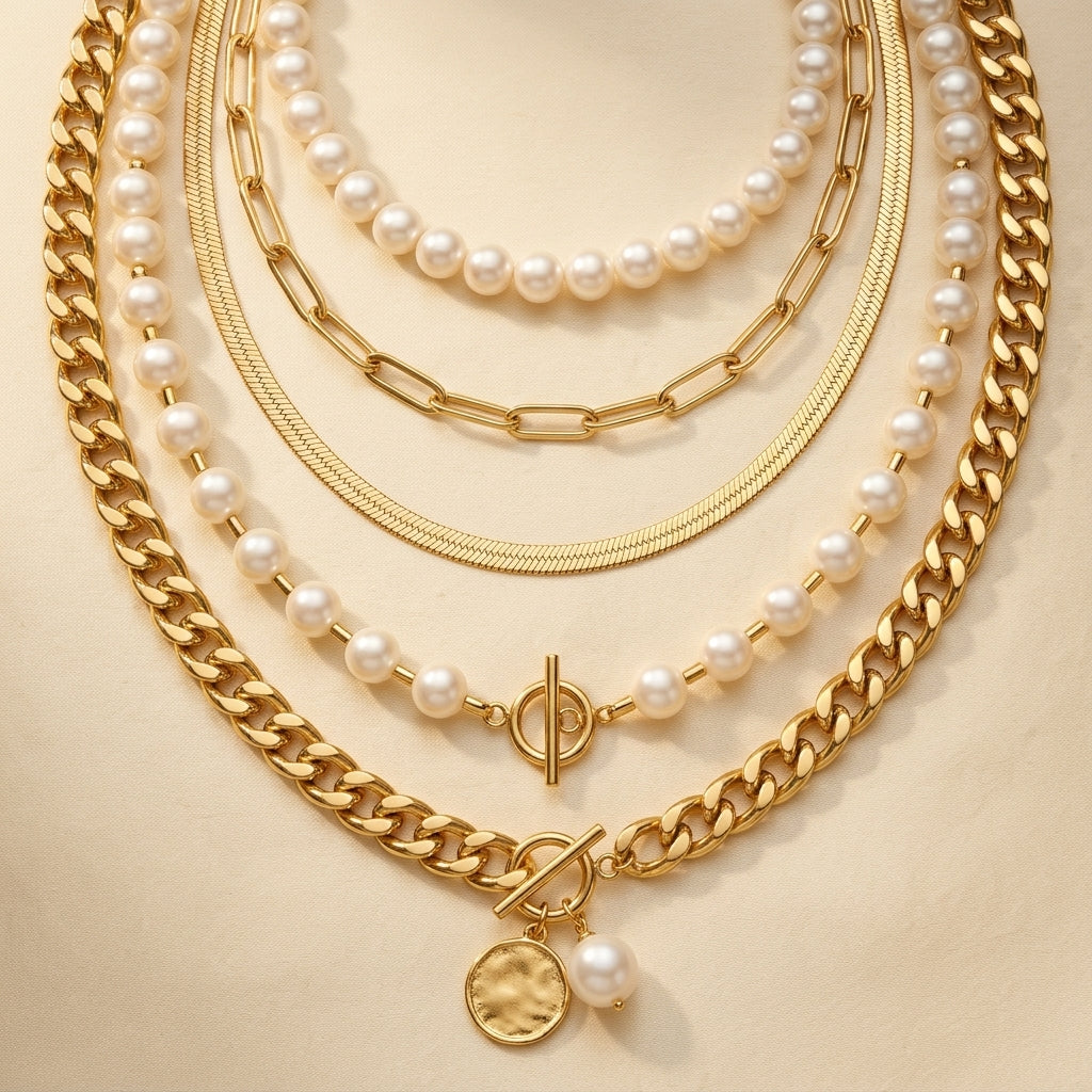 Vintage Parels & Gouden Slang Ketting Set | Goud