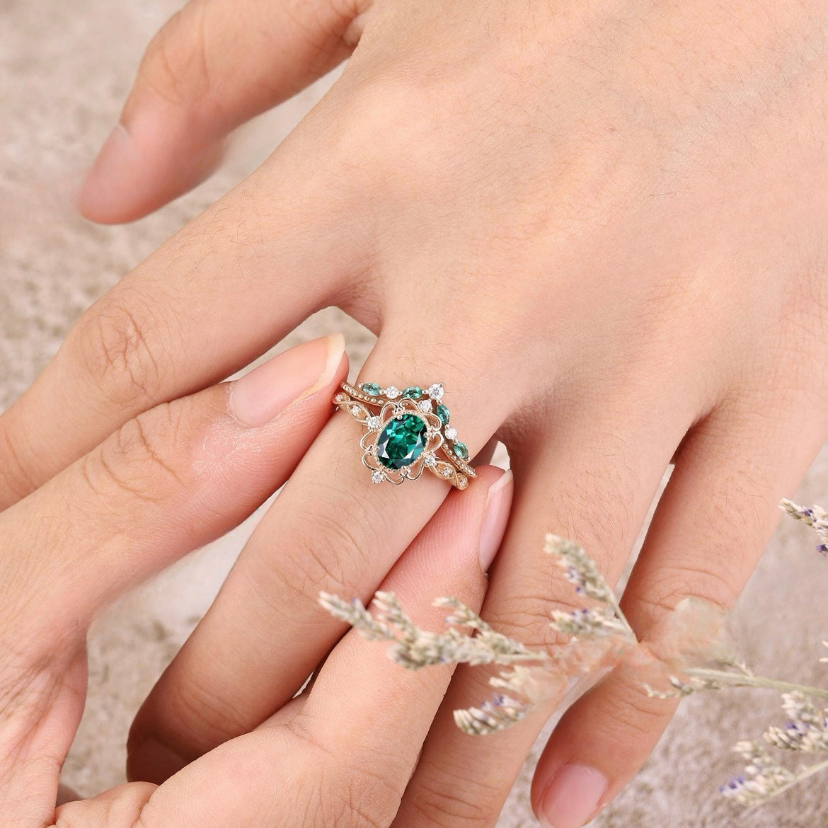 Aurelle Smaragd Kroonring Set | Roségoud