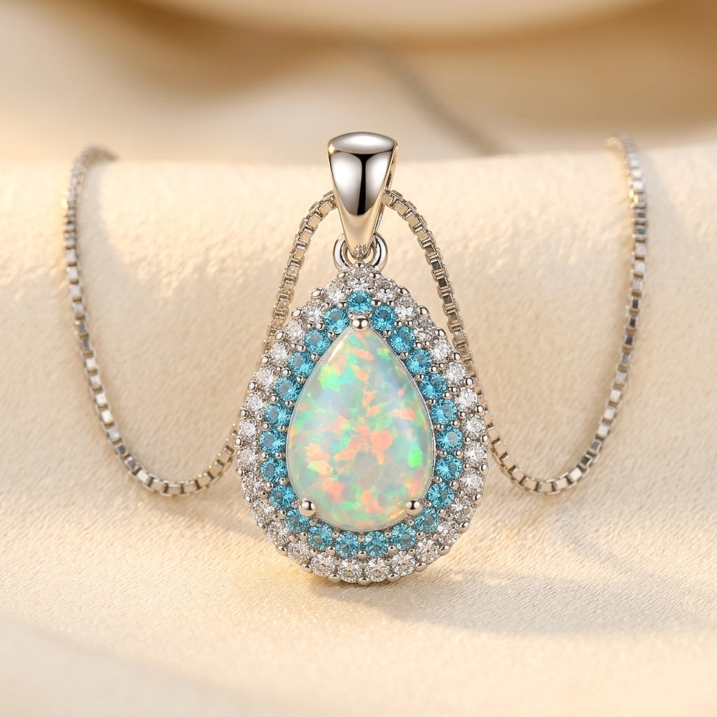 Elegante Blauwe Opal Druppel Fonkelende Halsketting | Witgoud