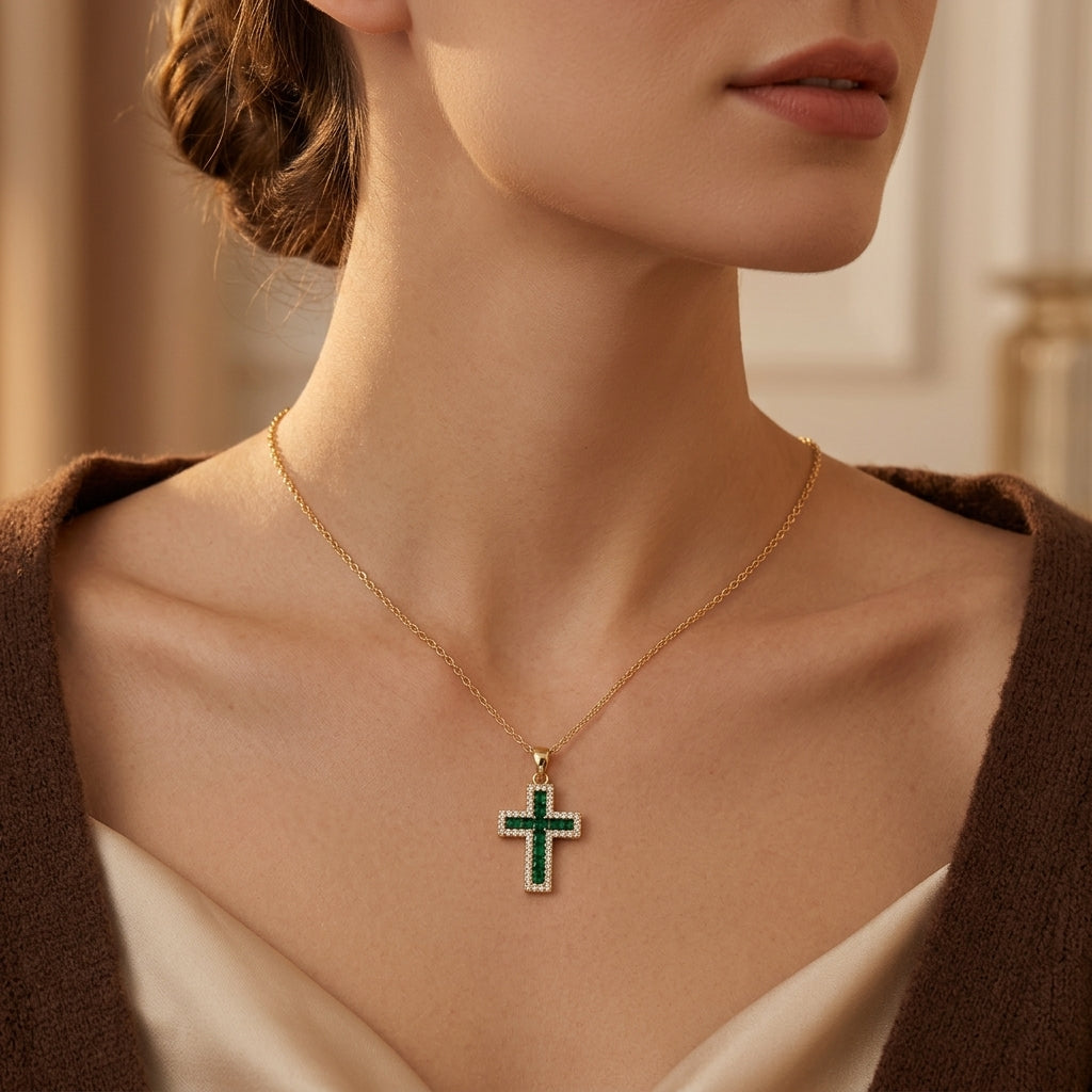 Solene Smaragd Kruis Hanger Ketting | Guld
