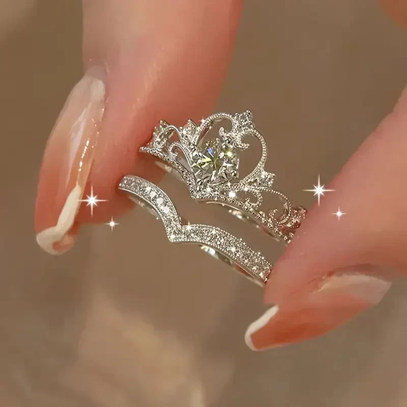 Glanzende Kroon Zilveren Ring Set | Witgoud